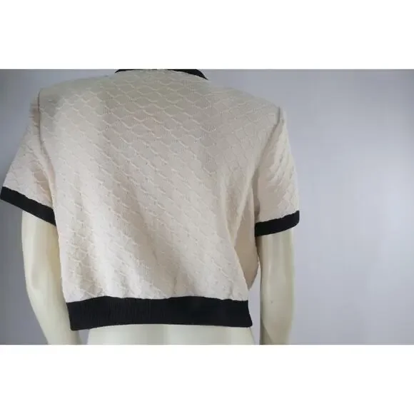 Vintage St. John Collection Knit Cardigan Ivory Black Trim Short Sleeve Size 6 - Picture 12 of 16